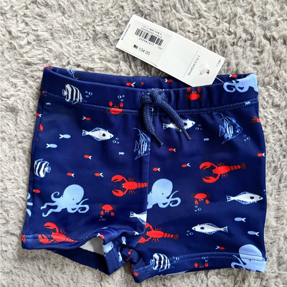 Janie and Jack Navy Blue Octopus & Lobster Swim Trunks